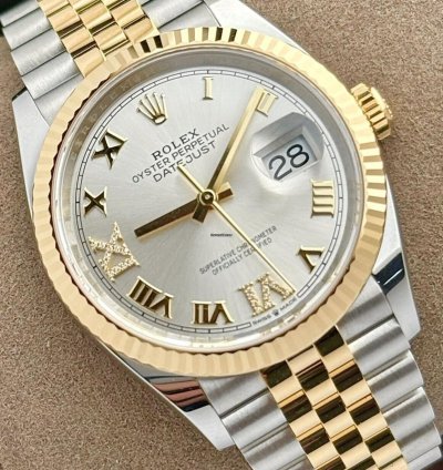 Rolex Datejust 36 Steel Yellow Gold Fluted Silver Roman Diamond Vi Ix Dial Jubilee