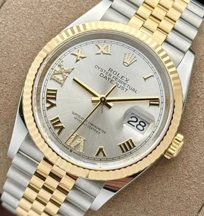 Rolex Datejust 36 Steel Yellow Gold Fluted Silver Roman Diamond Vi Ix Dial Jubilee