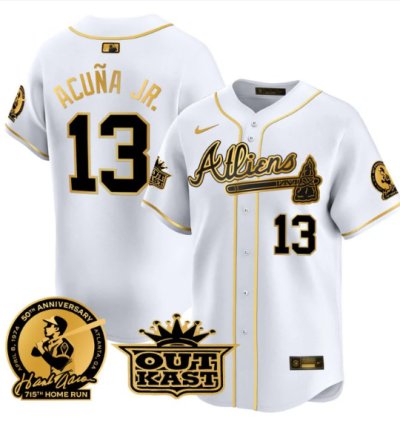 Ronald Acuna Jr Jersey 13 Atlanta Braves Atliens Hank Aaron Patch Limited Stitched White Gold