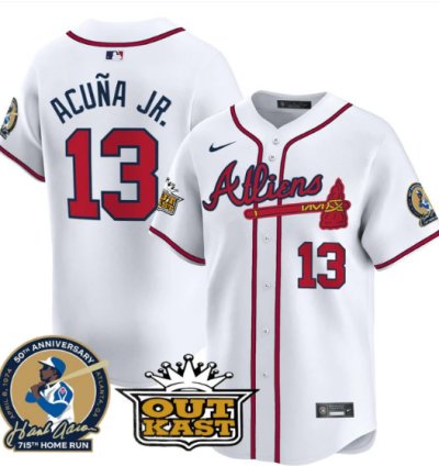 Ronald Acuna Jr Jersey 13 Atlanta Braves Atliens Hank Aaron Patch Limited Stitched White