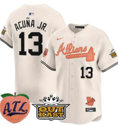 Ronald Acuna Jr Jersey 13 Atlanta Braves Atliens Peach Vapor Premier Limited Stitched Cream