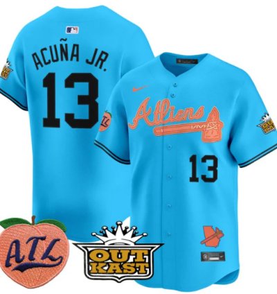 Ronald Acuna Jr Jersey 13 Atlanta Braves Atliens Peach Vapor Premier Limited Stitched Light Blue