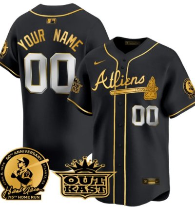 Custom Atlanta Braves Jersey Atliens Hank Aaron Patch Vapor Limited Stitched Black Gold