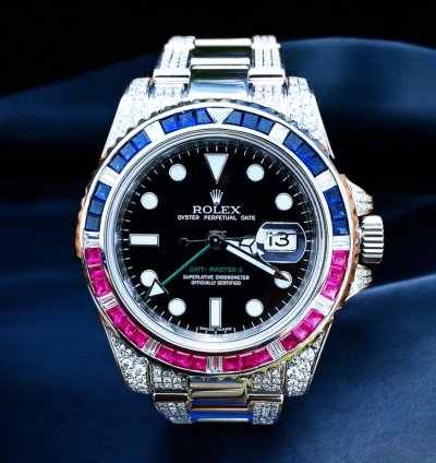 Rolex Gmt-master Ii 40 Mm Pepsi Oyster Black Dial Custom Diamond-set - Iced Out
