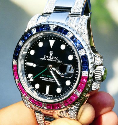 Rolex Gmt-master Ii 40 Mm Pepsi Oyster Black Dial Custom Diamond-set - Iced Out