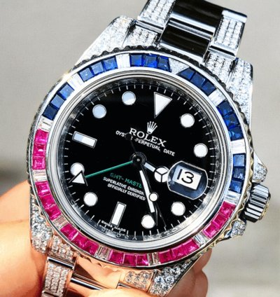 Rolex Gmt-master Ii 40 Mm Pepsi Oyster Black Dial Custom Diamond-set - Iced Out
