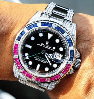 Rolex Gmt-master Ii 40 Mm Pepsi Oyster Black Dial Custom Diamond-set - Iced Out