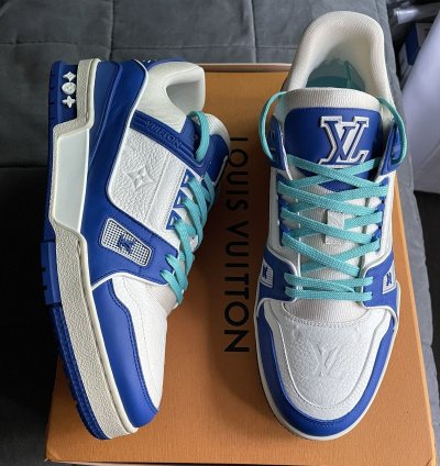 Louis Vuitton White Blue Monogram Trainer Sneaker
