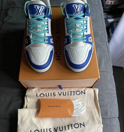 Louis Vuitton White Blue Monogram Trainer Sneaker