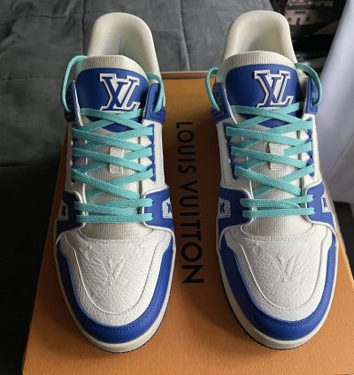 Louis Vuitton White Blue Monogram Trainer Sneaker