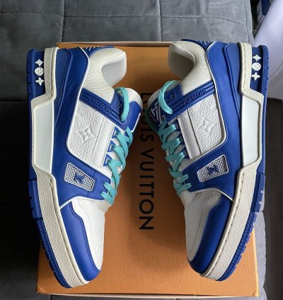 Louis Vuitton White Blue Monogram Trainer Sneaker