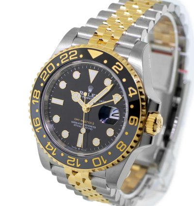 Rolex Gmt-master Ii 40mm Yellow Gold And Steel Black Dial Black Grey Bezel 126713