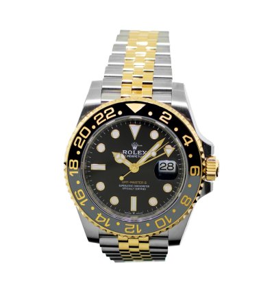 Rolex Gmt-master Ii 40mm Yellow Gold And Steel Black Dial Black Grey Bezel 126713