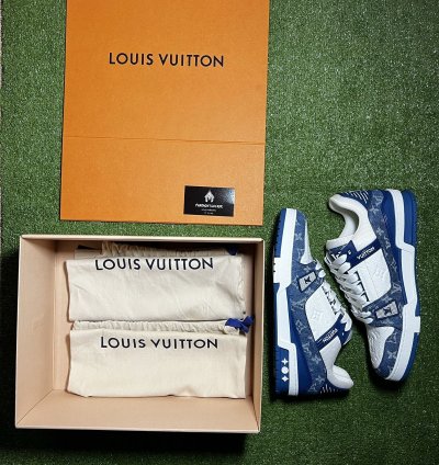 Lv Trainer Sneaker Monogram Denim White Blue