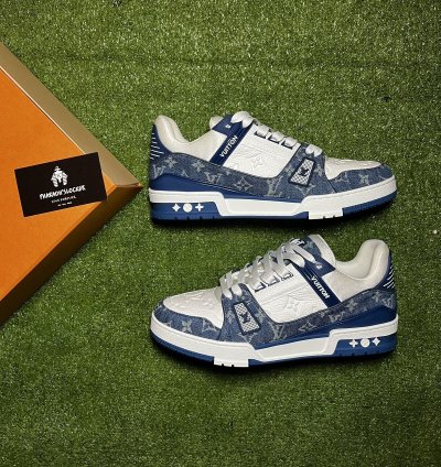 Lv Trainer Sneaker Monogram Denim White Blue