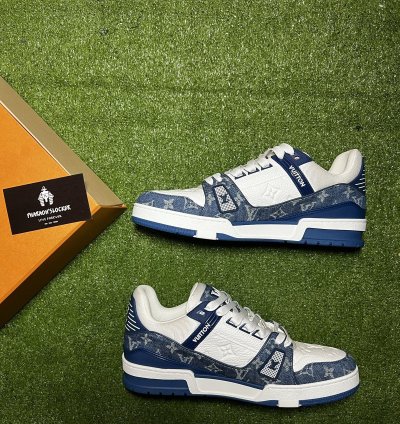 Lv Trainer Sneaker Monogram Denim White Blue