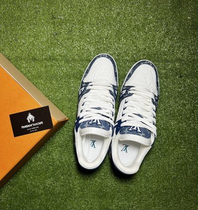 Lv Trainer Sneaker Monogram Denim White Blue
