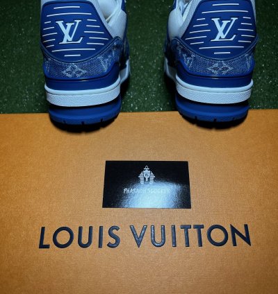 Lv Trainer Sneaker Monogram Denim White Blue