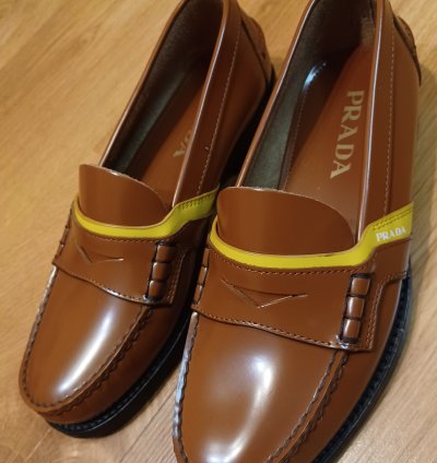 New Prada Loafers Brown Yellow Stripe Logo