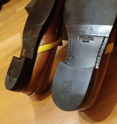 New Prada Loafers Brown Yellow Stripe Logo