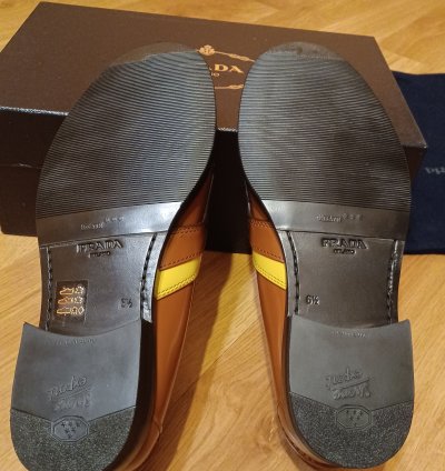 New Prada Loafers Brown Yellow Stripe Logo