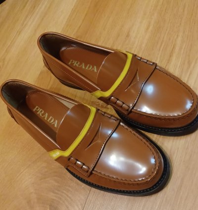New Prada Loafers Brown Yellow Stripe Logo