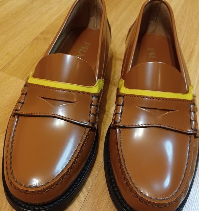 New Prada Loafers Brown Yellow Stripe Logo