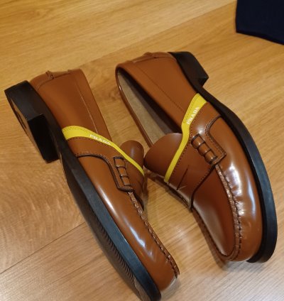 New Prada Loafers Brown Yellow Stripe Logo