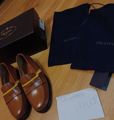 New Prada Loafers Brown Yellow Stripe Logo