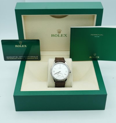 Rolex 1908 39 Mm White Dial Brown Leather Strap Complete Set 2024 Unworn 52509