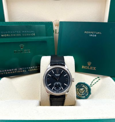 Rolex 1908 Black Dial White Gold Black Leather Strap 52509 Unworn 2023