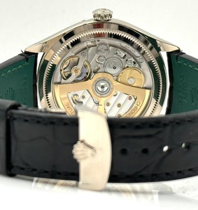 Rolex 1908 Black Dial White Gold Black Leather Strap 52509 Unworn 2023