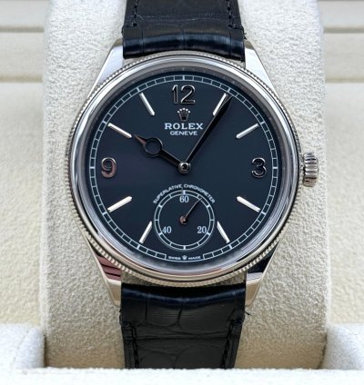 Rolex 1908 Black Dial White Gold Black Leather Strap 52509 Unworn 2023