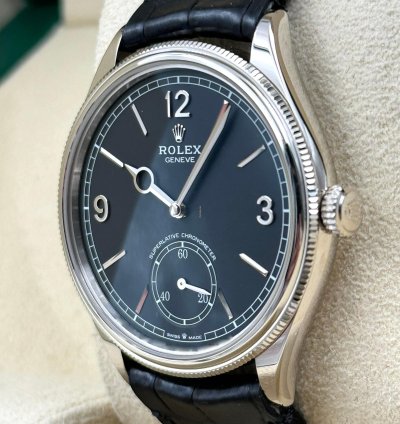 Rolex 1908 Black Dial White Gold Black Leather Strap 52509 Unworn 2023
