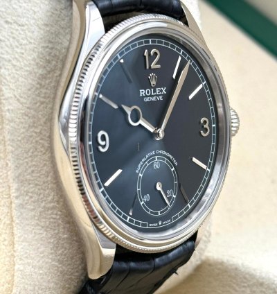 Rolex 1908 Black Dial White Gold Black Leather Strap 52509 Unworn 2023