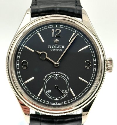 Rolex 1908 Black Dial White Gold Black Leather Strap 52509 Unworn 2023