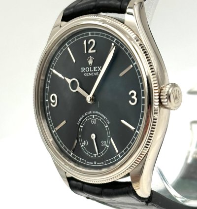 Rolex 1908 Black Dial White Gold Black Leather Strap 52509 Unworn 2023