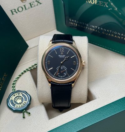 Rolex 1908 New 2024 Rolex 1908 Yellow Gold Black Dial Alligator Leather Strap Open Caseback