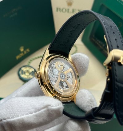 Rolex 1908 New 2024 Rolex 1908 Yellow Gold Black Dial Alligator Leather Strap Open Caseback