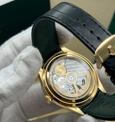 Rolex 1908 New 2024 Rolex 1908 Yellow Gold Black Dial Alligator Leather Strap Open Caseback