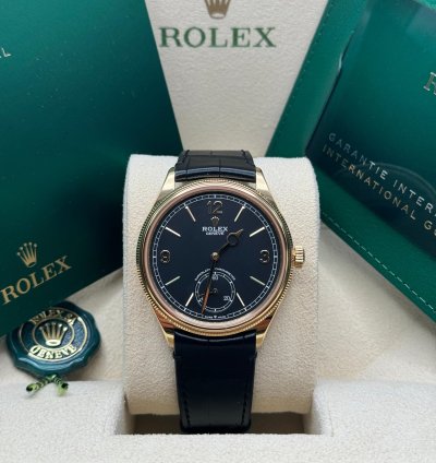 Rolex 1908 New 2024 Rolex 1908 Yellow Gold Black Dial Alligator Leather Strap Open Caseback