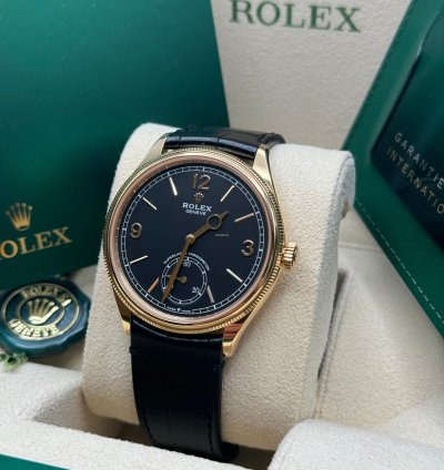 Rolex 1908 New 2024 Rolex 1908 Yellow Gold Black Dial Alligator Leather Strap Open Caseback