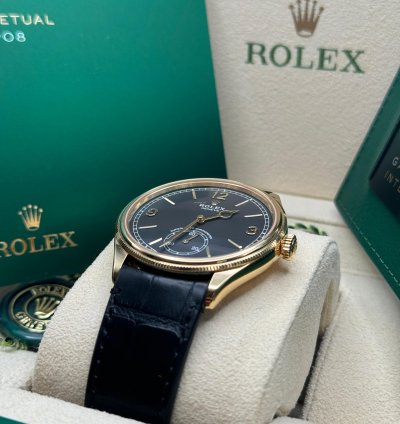 Rolex 1908 New 2024 Rolex 1908 Yellow Gold Black Dial Alligator Leather Strap Open Caseback