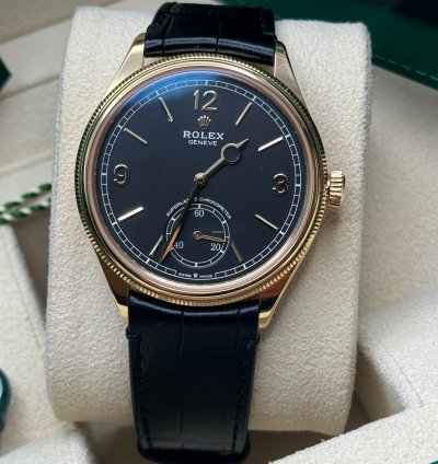 Rolex 1908 New 2024 Rolex 1908 Yellow Gold Black Dial Alligator Leather Strap Open Caseback