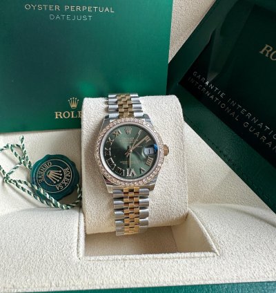 Rolex Datejust 31 2023 Two Tone Yellow Gold Green Roman Dial Diamond Bezel - Jubilee Bracelet