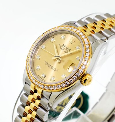 Rolex Datejust 31 31mm 18k Yellow Gold Steel Champagne Diamond Dial Diamond Bezel 278383