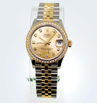 Rolex Datejust 31 31mm 18k Yellow Gold Steel Champagne Diamond Dial Diamond Bezel 278383