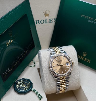 Rolex Datejust 31 Champagne Index Dial Two Tone Yellow Gold Diamond Bezel Jubilee Bracelet