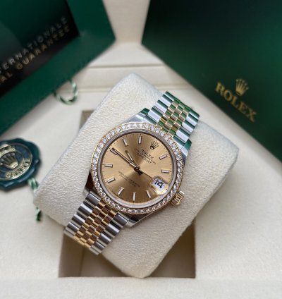 Rolex Datejust 31 Champagne Index Dial Two Tone Yellow Gold Diamond Bezel Jubilee Bracelet