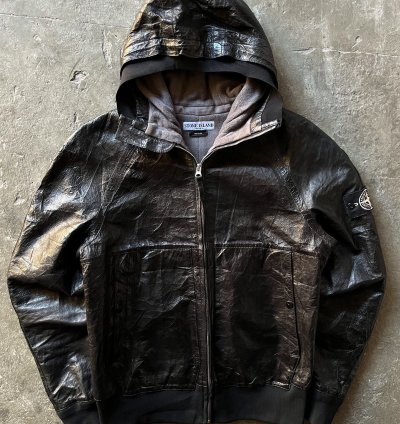Stone Island Cast Metal Leather Hooded Jacket
